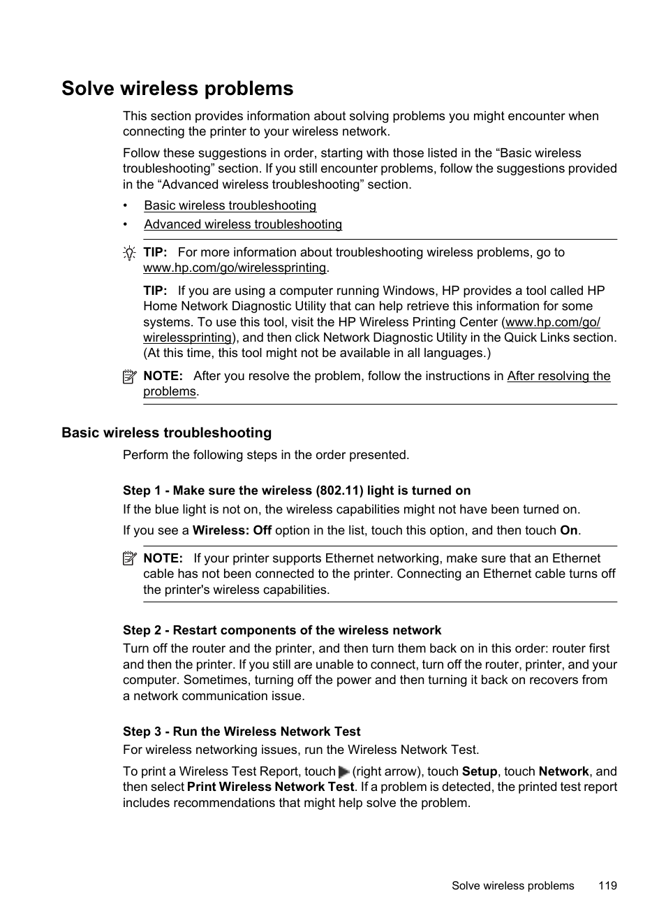 Solve wireless problems, Basic wireless troubleshooting | HP 6700 User Manual | Page 123 / 226