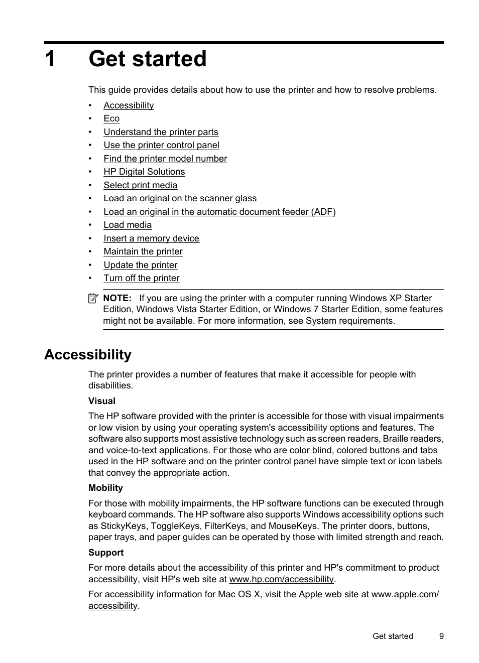 Get started, Accessibility, 1 get started | 1get started | HP 6700 User Manual | Page 13 / 226