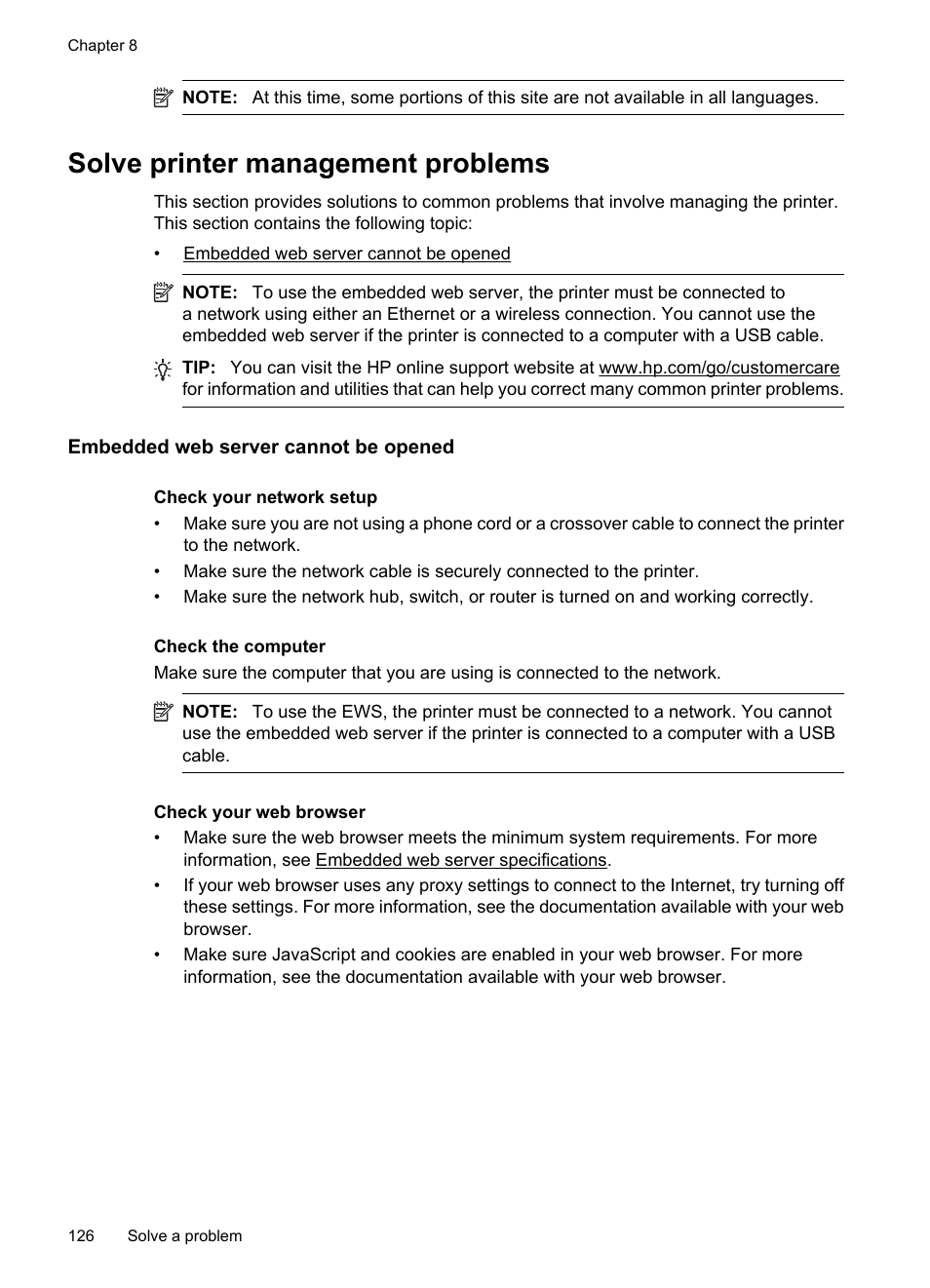 Solve printer management problems, Embedded web server cannot be opened | HP 6700 User Manual | Page 130 / 226