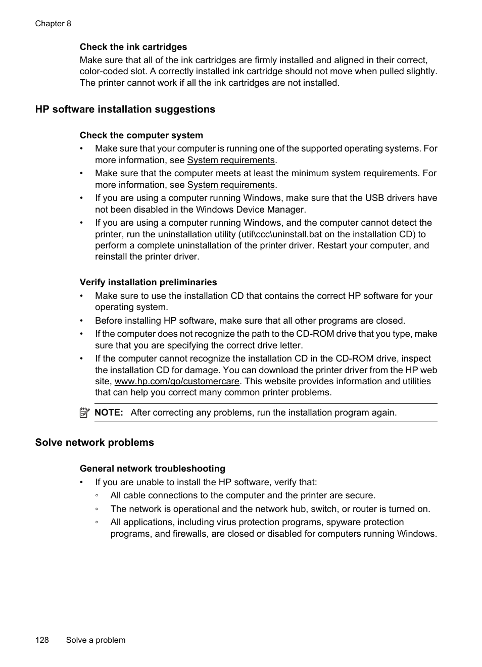 Hp software installation suggestions, Solve network problems | HP 6700 User Manual | Page 132 / 226