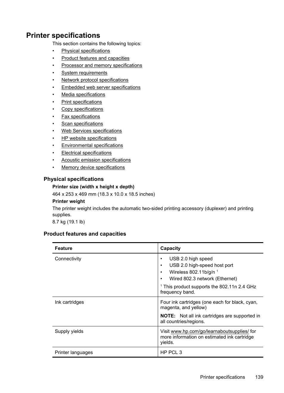 Printer specifications, Physical specifications, Product features and capacities | Hp eprint printer apps, Usb flash drives | HP 6700 User Manual | Page 143 / 226