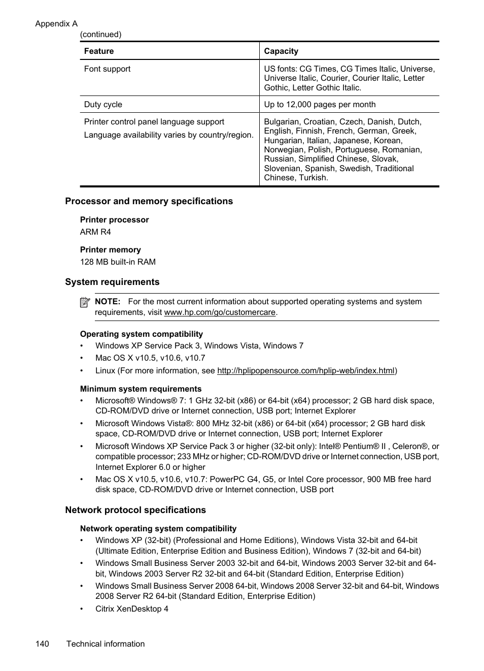 Processor and memory specifications, System requirements, Network protocol specifications | HP 6700 User Manual | Page 144 / 226