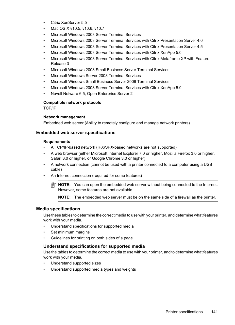 Embedded web server specifications, Media specifications, Understand specifications for supported media | See media specifications, E media specifications | HP 6700 User Manual | Page 145 / 226