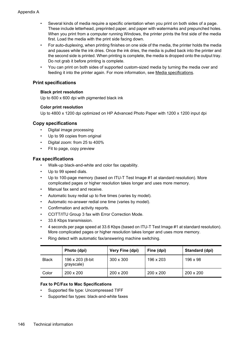 Print specifications, Copy specifications, Fax specifications | HP 6700 User Manual | Page 150 / 226