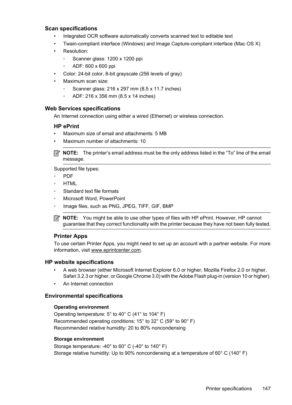 Scan specifications, Web services specifications, Hp eprint | Printer apps, Hp website specifications, Environmental specifications | HP 6700 User Manual | Page 151 / 226