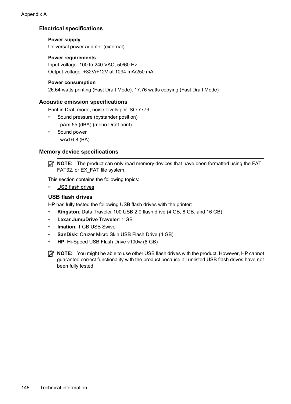 Electrical specifications, Acoustic emission specifications, Memory device specifications | Usb flash drives, E electrical specifications | HP 6700 User Manual | Page 152 / 226