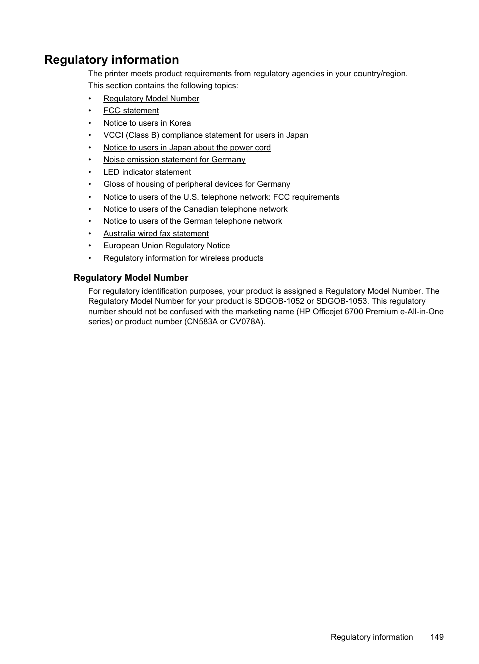 Regulatory information, Regulatory model number | HP 6700 User Manual | Page 153 / 226