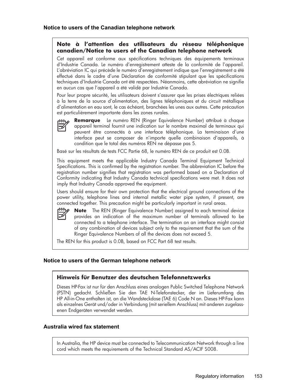 Notice to users of the canadian telephone network, Notice to users of the german telephone network, Australia wired fax statement | HP 6700 User Manual | Page 157 / 226