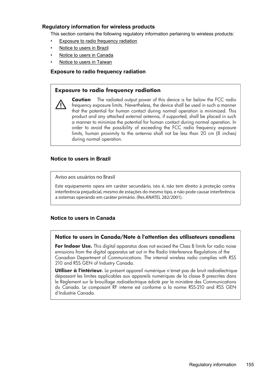 Regulatory information for wireless products, Exposure to radio frequency radiation, Notice to users in brazil | Notice to users in canada | HP 6700 User Manual | Page 159 / 226