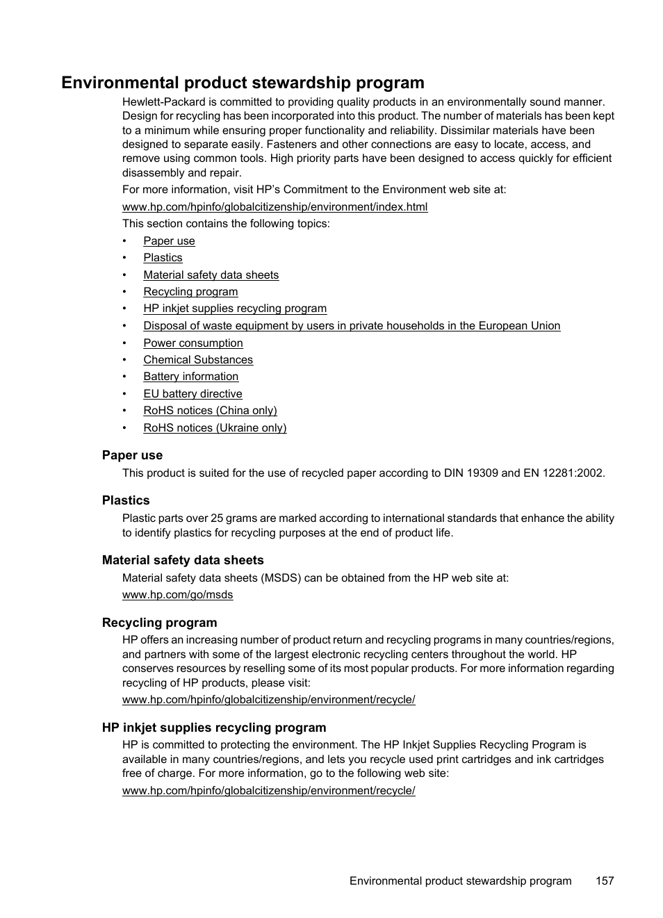 Environmental product stewardship program, Paper use, Plastics | Material safety data sheets, Recycling program, Hp inkjet supplies recycling program | HP 6700 User Manual | Page 161 / 226