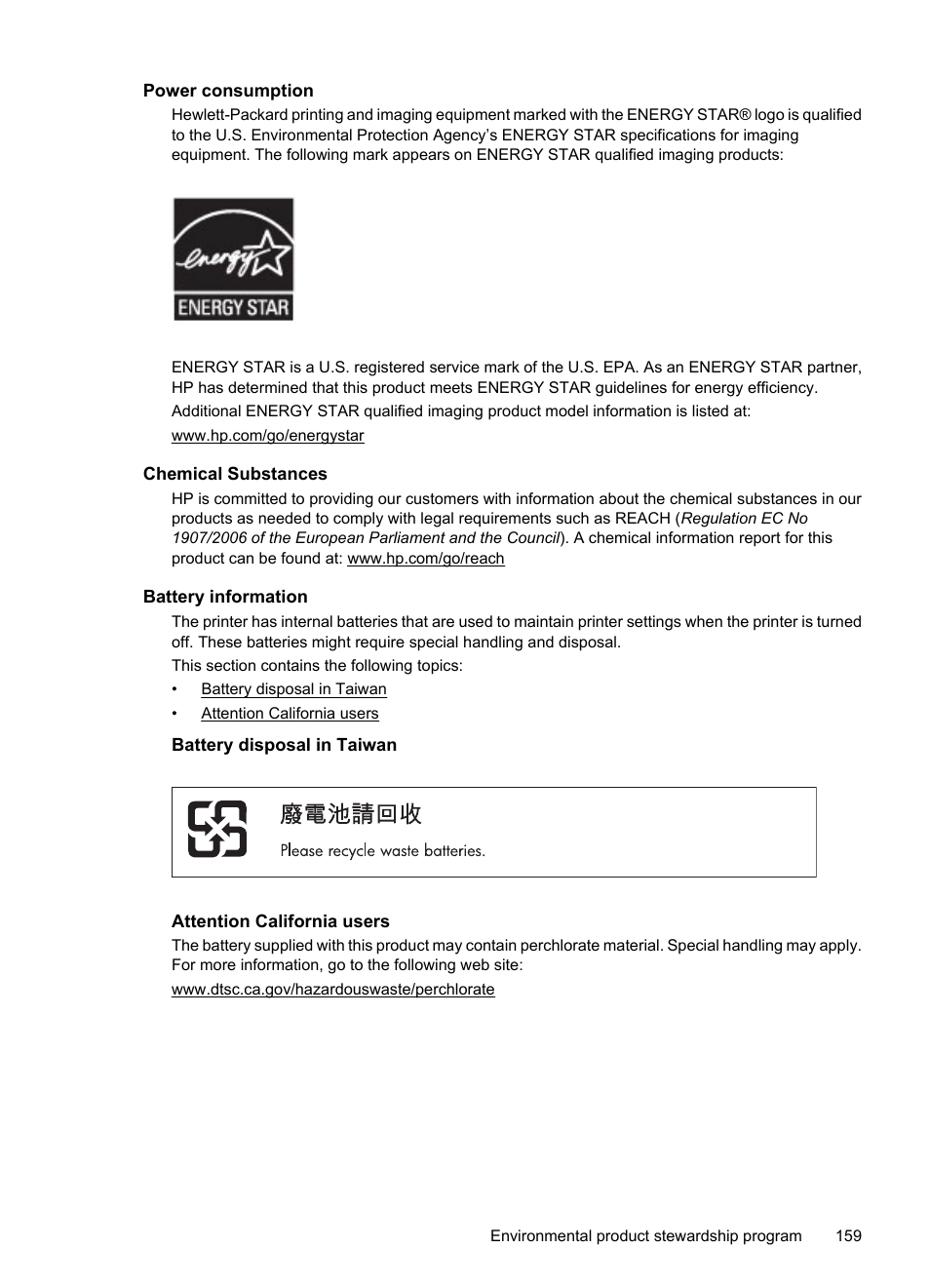 Power consumption, Chemical substances, Battery information | Battery disposal in taiwan, Attention california users | HP 6700 User Manual | Page 163 / 226