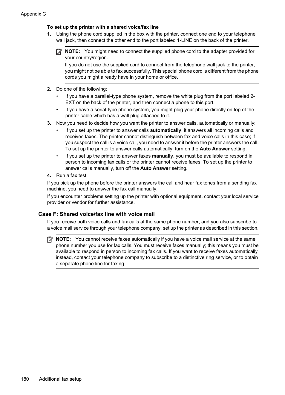 Case f: shared voice/fax line with voice mail, Case f: shared voice/fax line with voice mail. fo | HP 6700 User Manual | Page 184 / 226