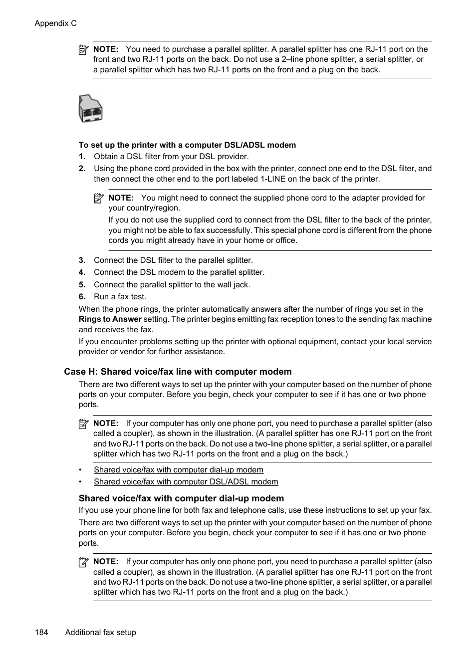 Case h: shared voice/fax line with computer modem, Shared voice/fax with computer dial-up modem | HP 6700 User Manual | Page 188 / 226