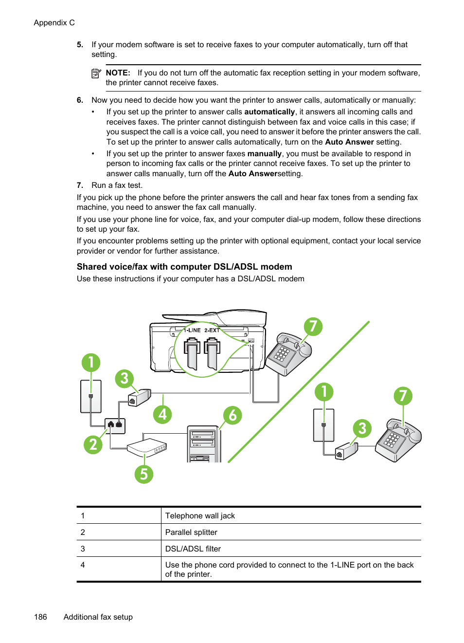 Shared voice/fax with computer dsl/adsl modem | HP 6700 User Manual | Page 190 / 226