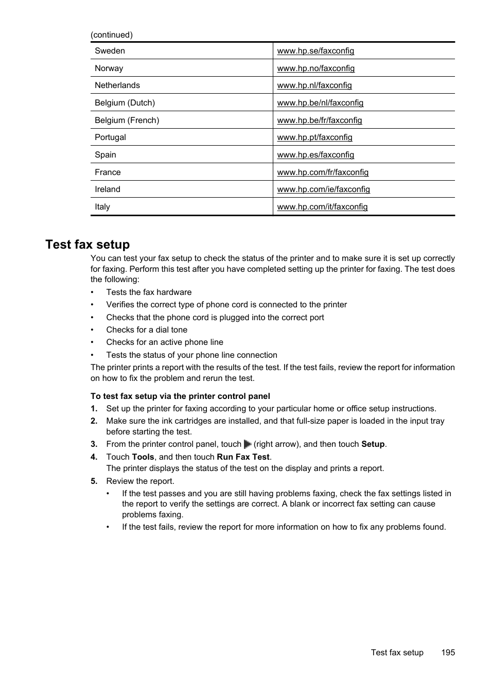 Test fax setup | HP 6700 User Manual | Page 199 / 226