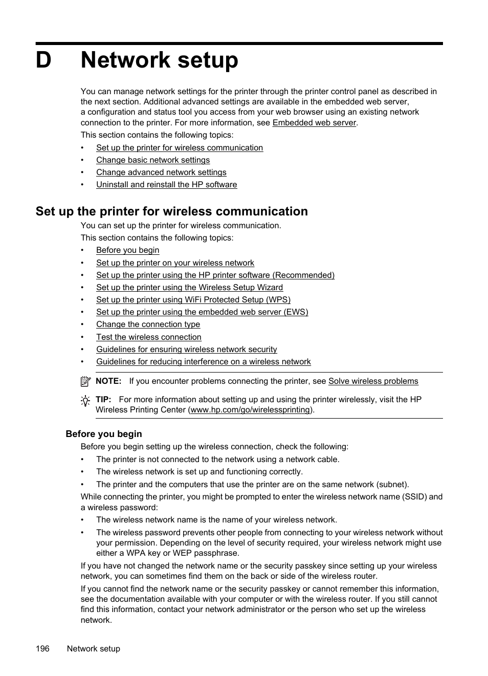 Network setup, Set up the printer for wireless communication, Before you begin | D network setup, Dnetwork setup | HP 6700 User Manual | Page 200 / 226