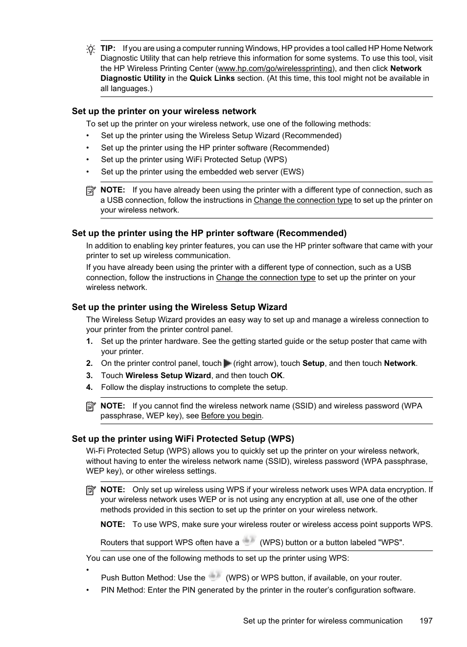 Set up the printer on your wireless network, Set up the printer using the wireless setup wizard | HP 6700 User Manual | Page 201 / 226