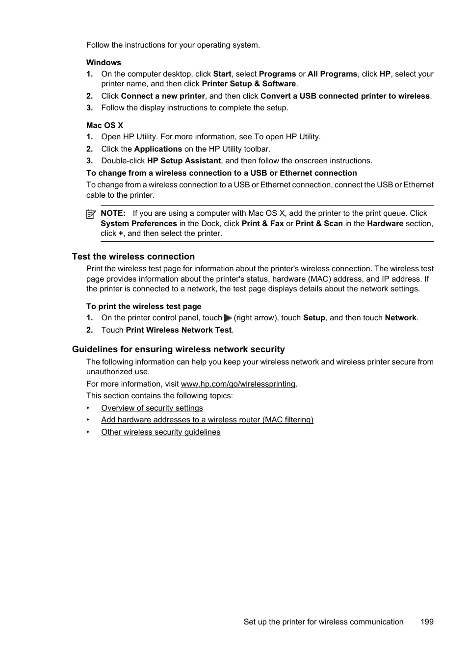 Test the wireless connection, Guidelines for ensuring wireless network security | HP 6700 User Manual | Page 203 / 226