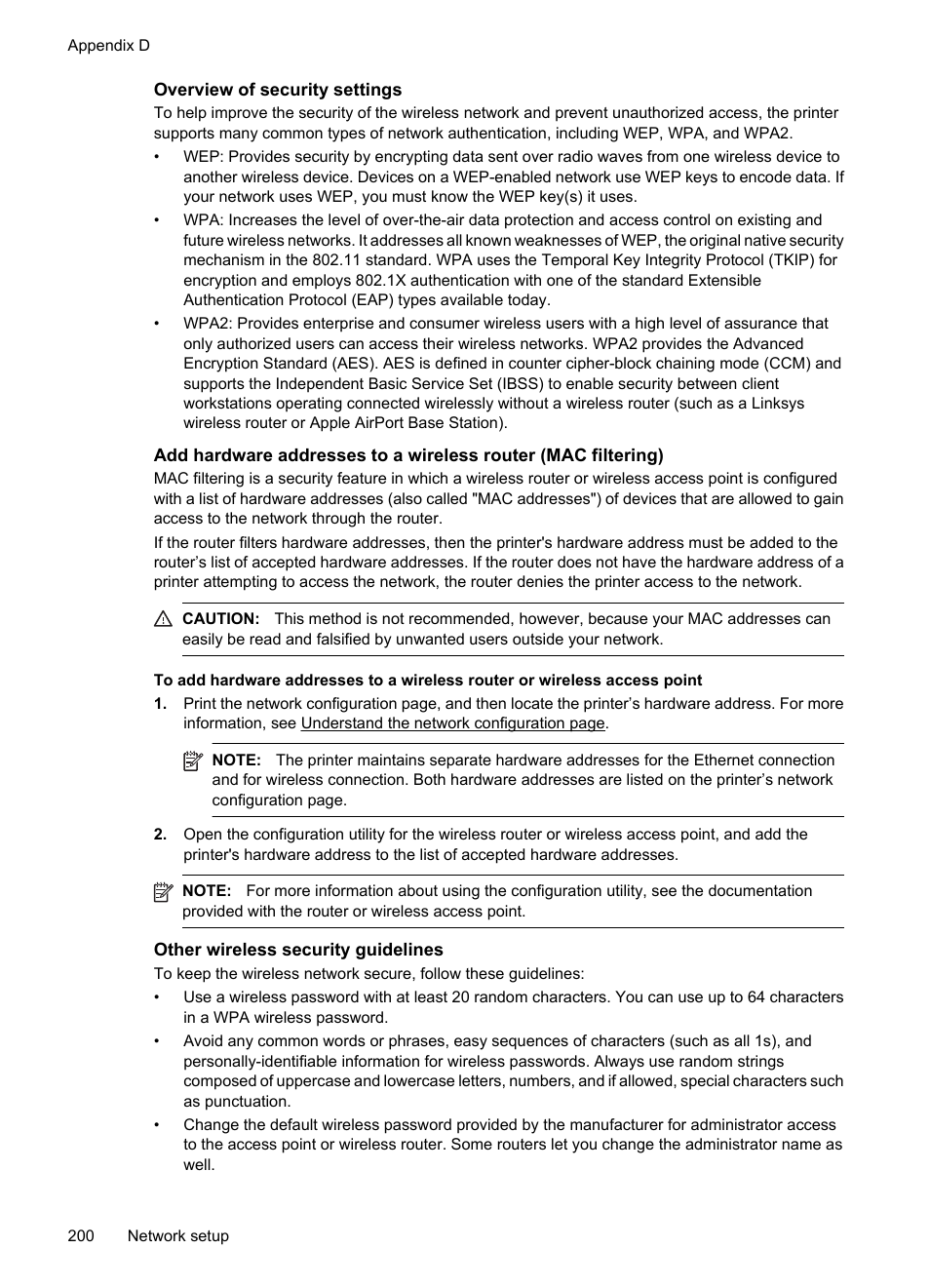 Overview of security settings, Other wireless security guidelines | HP 6700 User Manual | Page 204 / 226