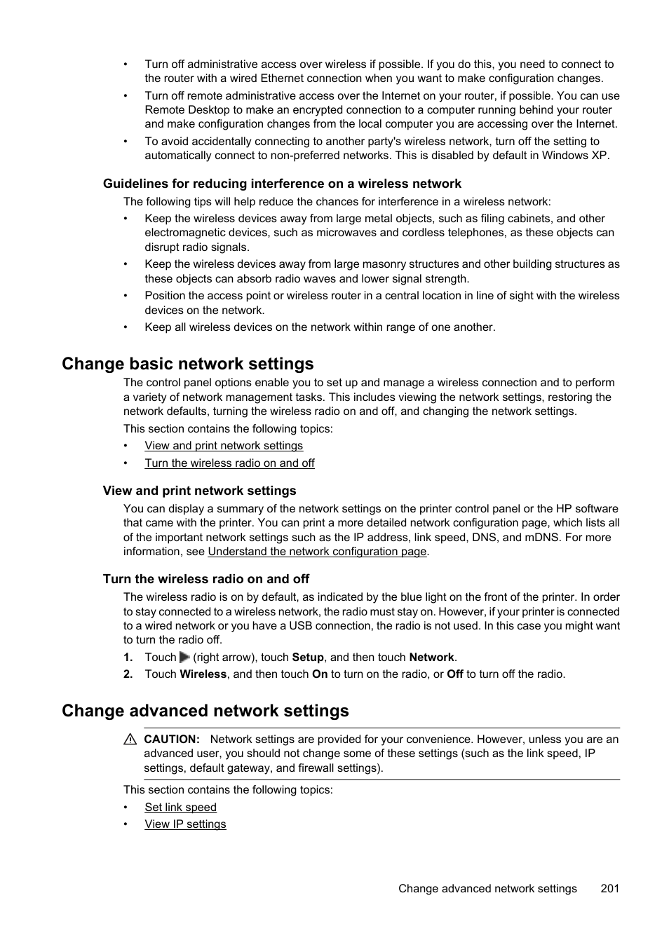 Change basic network settings, View and print network settings, Turn the wireless radio on and off | Change advanced network settings | HP 6700 User Manual | Page 205 / 226