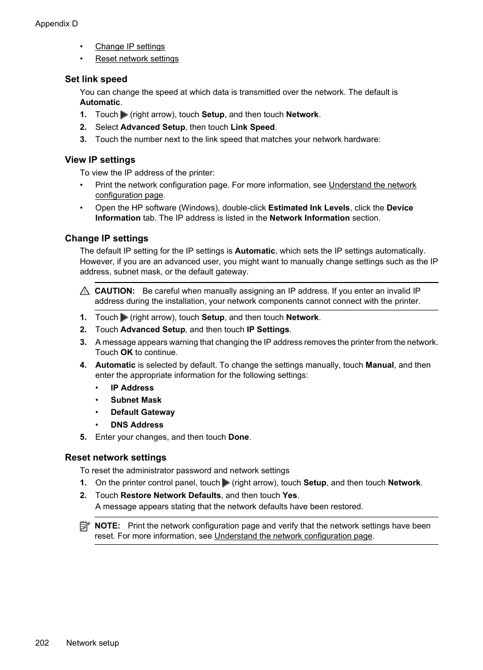 Set link speed, View ip settings, Change ip settings | Reset network settings | HP 6700 User Manual | Page 206 / 226