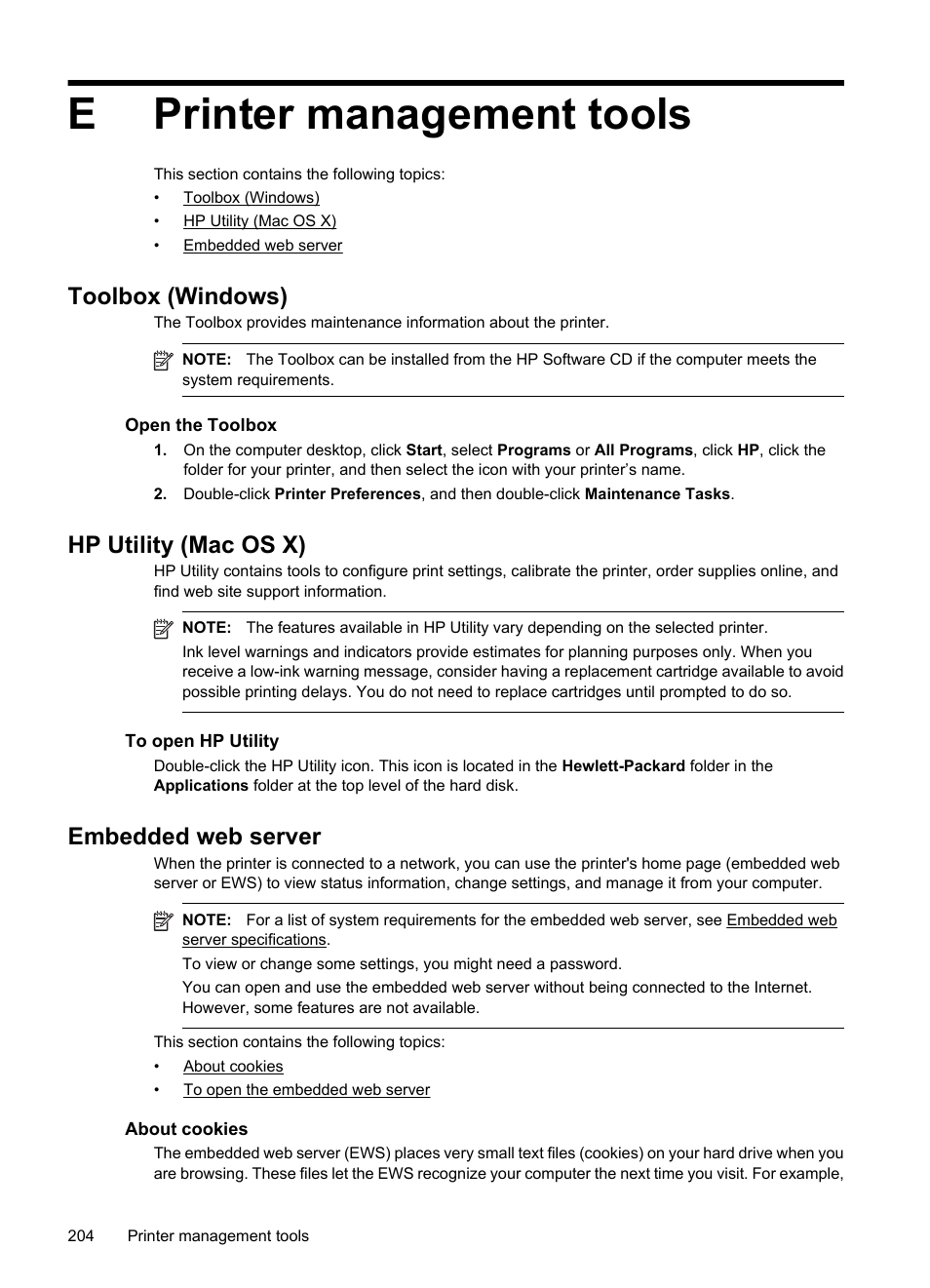 Printer management tools, Toolbox (windows), Hp utility (mac os x) | Embedded web server, About cookies, E printer management tools, About cookies to open the embedded web server, Printer management tools an, See printer management tools, E open the toolbox | HP 6700 User Manual | Page 208 / 226