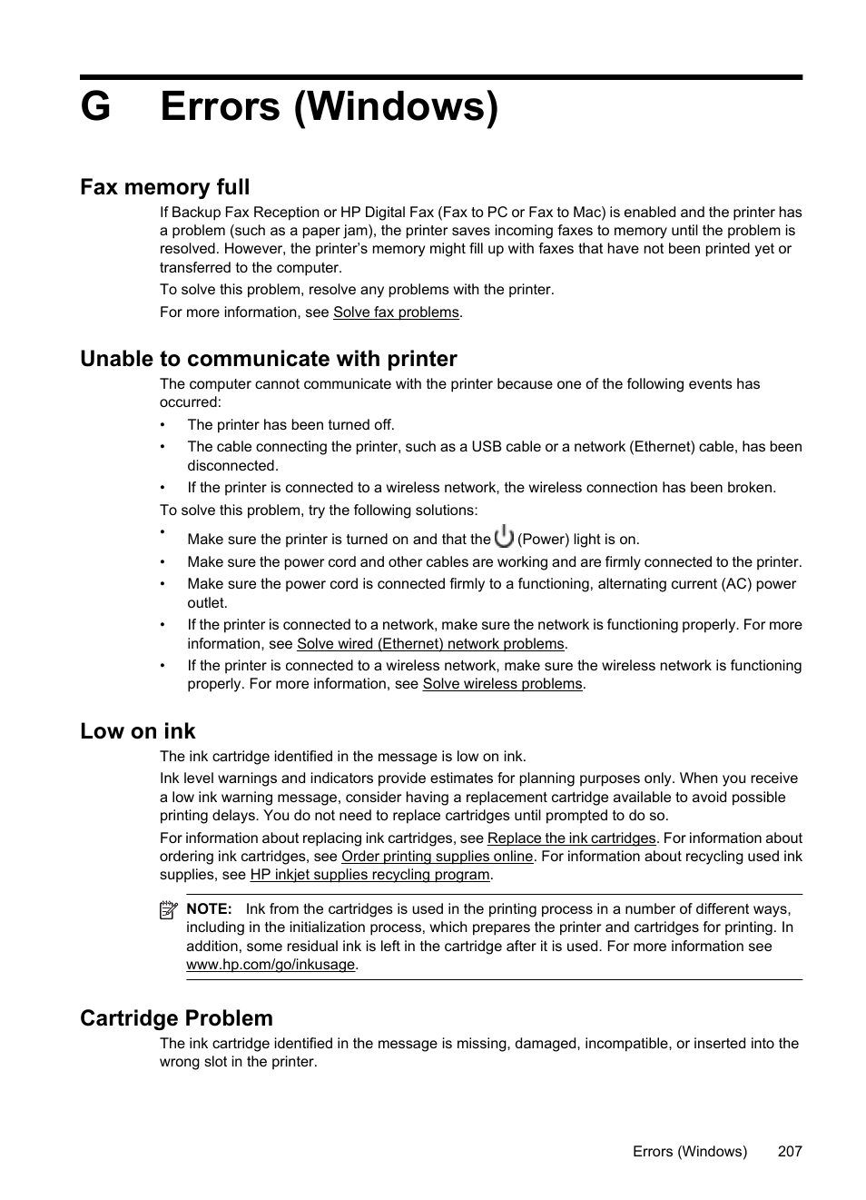 Gerrors (windows), Unable to communicate with printer, Low on ink | Cartridge problem | HP 6700 User Manual | Page 211 / 226