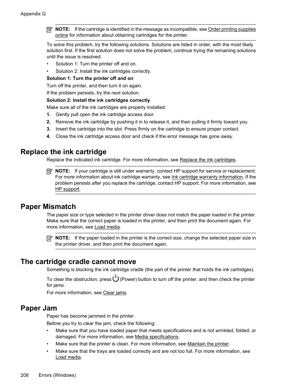 Replace the ink cartridge, Paper mismatch, The cartridge cradle cannot move | Paper jam | HP 6700 User Manual | Page 212 / 226