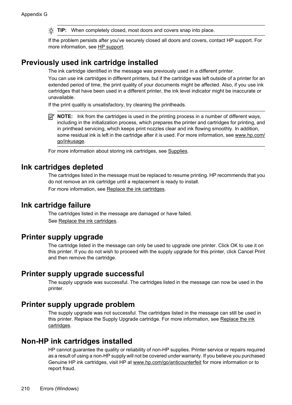 Previously used ink cartridge installed, Ink cartridges depleted, Ink cartridge failure | Printer supply upgrade, Printer supply upgrade successful, Printer supply upgrade problem, Non-hp ink cartridges installed | HP 6700 User Manual | Page 214 / 226