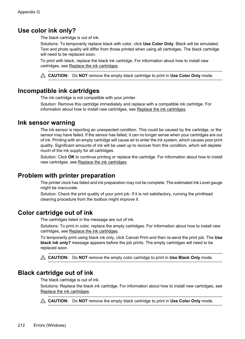 Use color ink only, Incompatible ink cartridges, Ink sensor warning | Problem with printer preparation, Color cartridge out of ink, Black cartridge out of ink | HP 6700 User Manual | Page 216 / 226