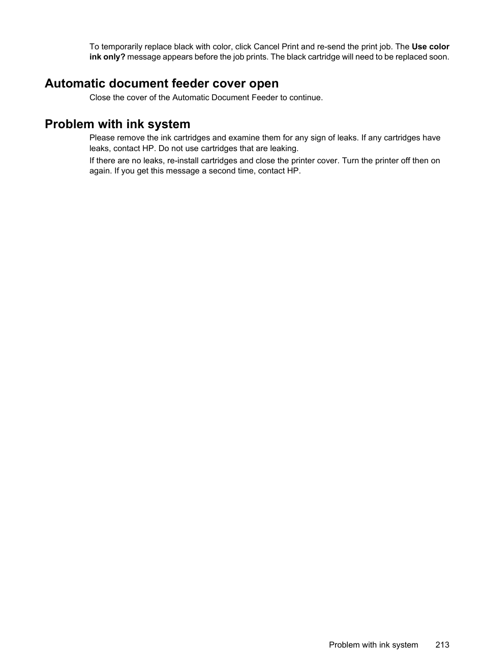 Automatic document feeder cover open, Problem with ink system | HP 6700 User Manual | Page 217 / 226