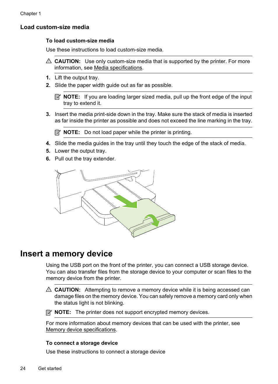 Load custom-size media, Insert a memory device | HP 6700 User Manual | Page 28 / 226