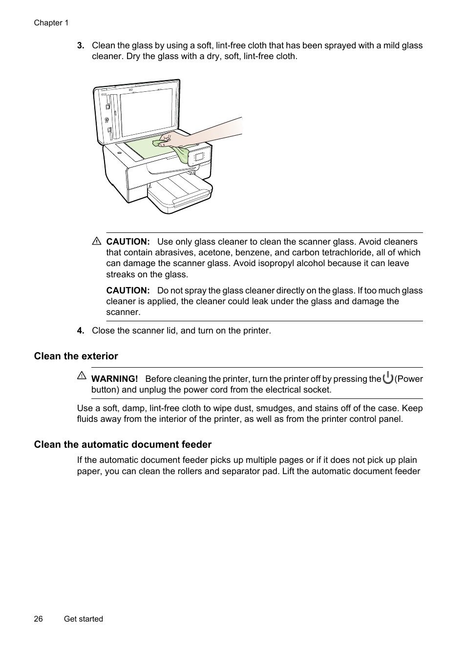 Clean the exterior, Clean the automatic document feeder | HP 6700 User Manual | Page 30 / 226