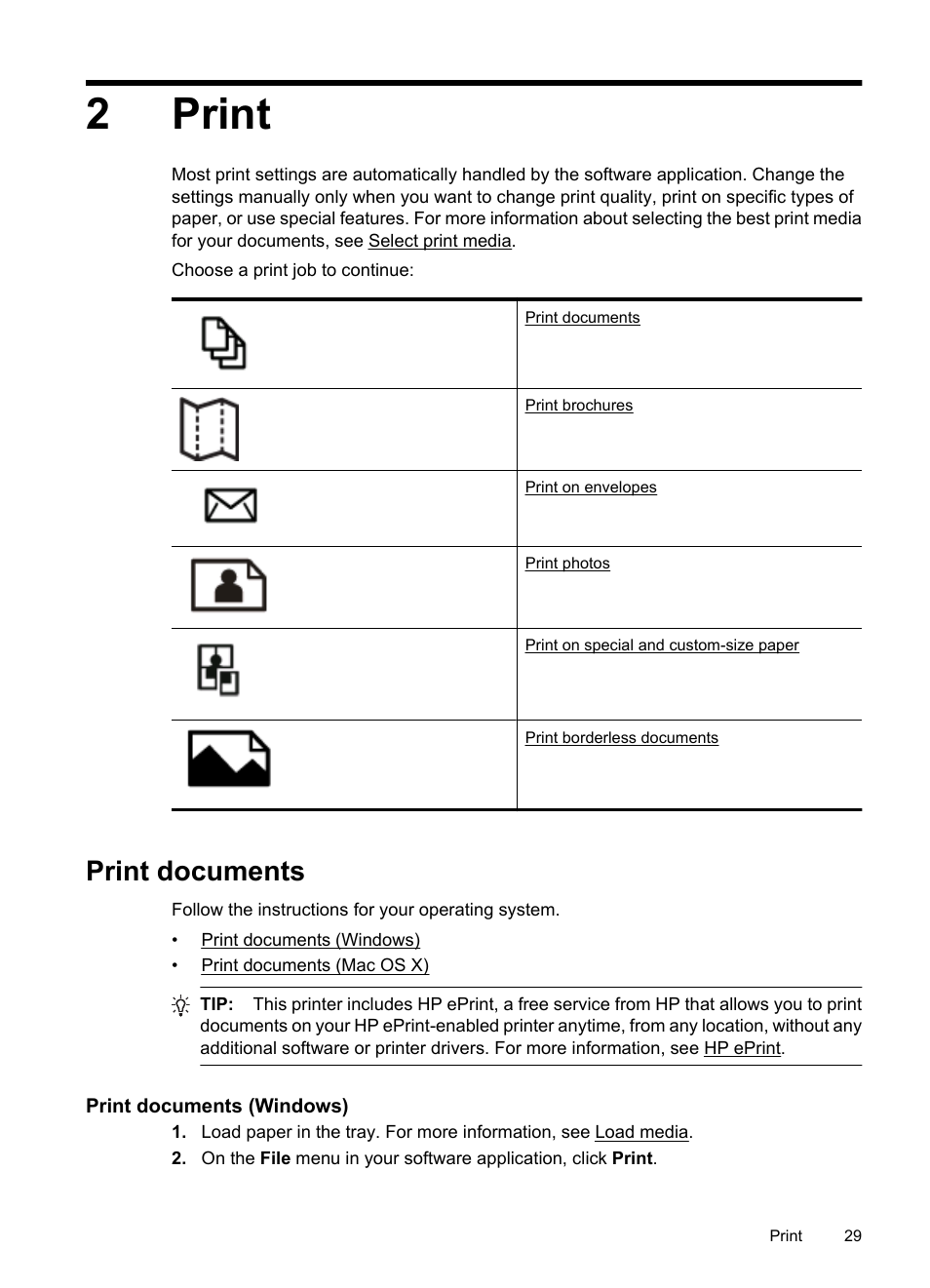 Print, Print documents, Print documents (windows) | 2 print, 2print | HP 6700 User Manual | Page 33 / 226