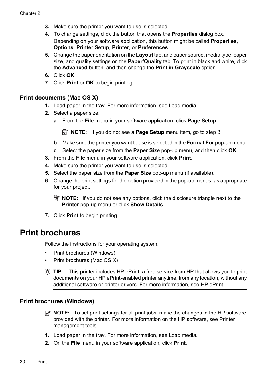 Print documents (mac os x), Print brochures, Print brochures (windows) | HP 6700 User Manual | Page 34 / 226