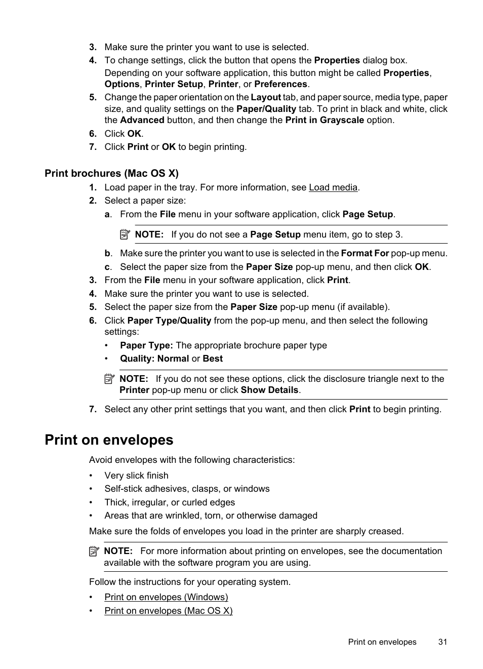 Print brochures (mac os x), Print on envelopes | HP 6700 User Manual | Page 35 / 226