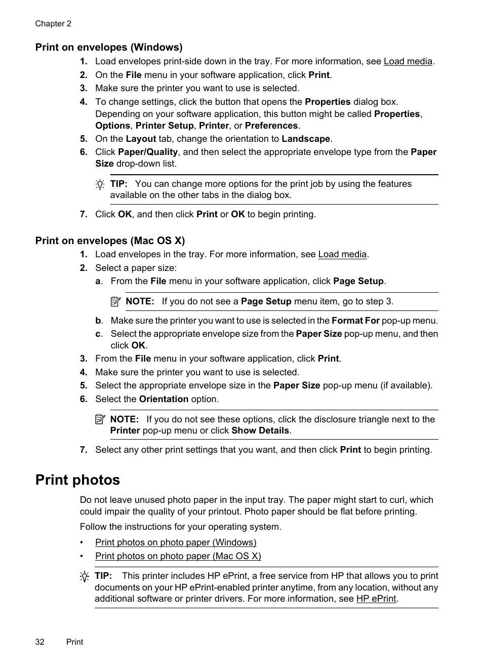 Print on envelopes (windows), Print on envelopes (mac os x), Print photos | HP 6700 User Manual | Page 36 / 226