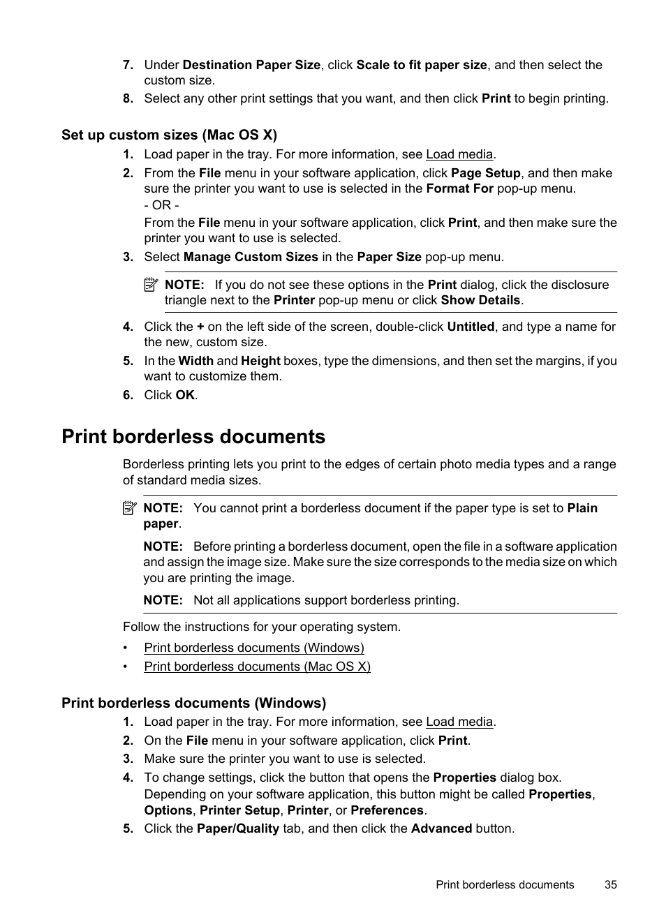 Print borderless documents, Print borderless documents (windows), E set up custom sizes (mac os x) | HP 6700 User Manual | Page 39 / 226