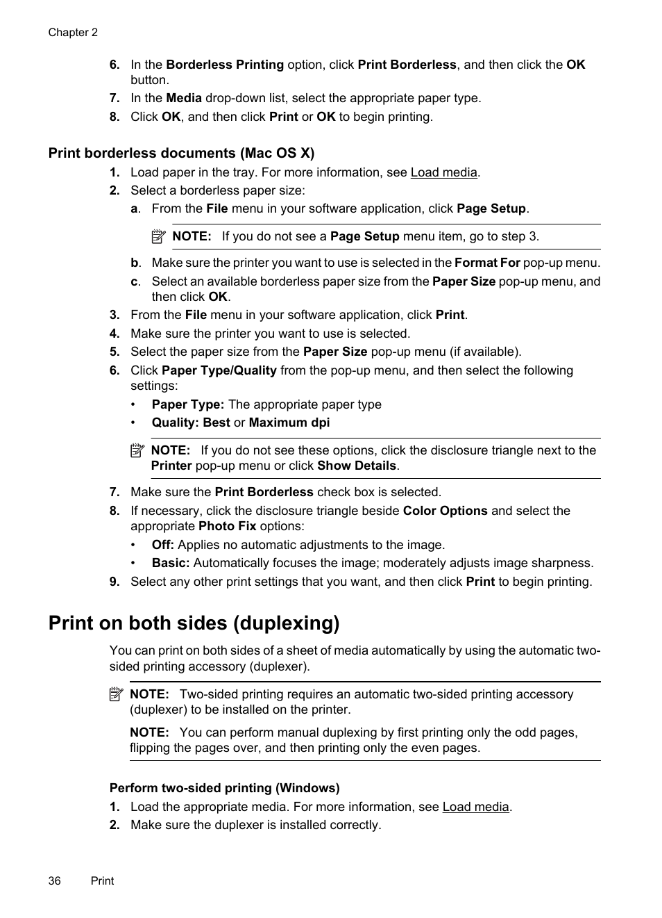 Print borderless documents (mac os x), Print on both sides (duplexing) | HP 6700 User Manual | Page 40 / 226