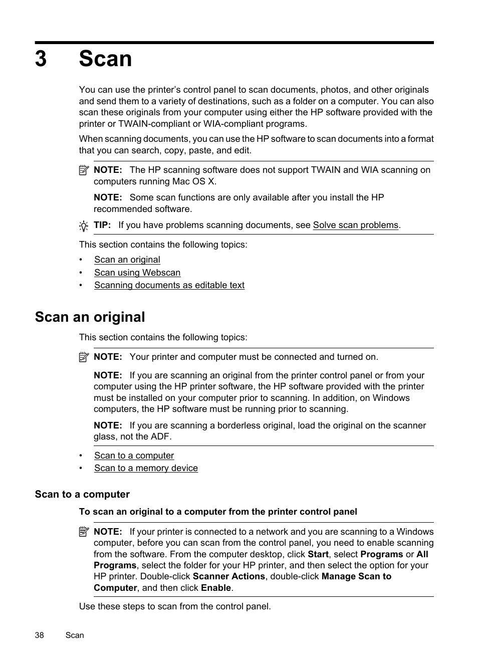 Scan, Scan an original, Scan to a computer | 3 scan, Scan to a computer scan to a memory device, 3scan | HP 6700 User Manual | Page 42 / 226