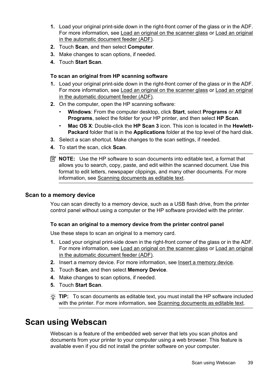 Scan to a memory device, Scan using webscan | HP 6700 User Manual | Page 43 / 226