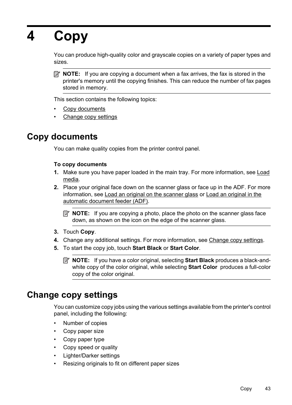 Copy, Copy documents, Change copy settings | 4 copy, Copy documents change copy settings, 4copy | HP 6700 User Manual | Page 47 / 226