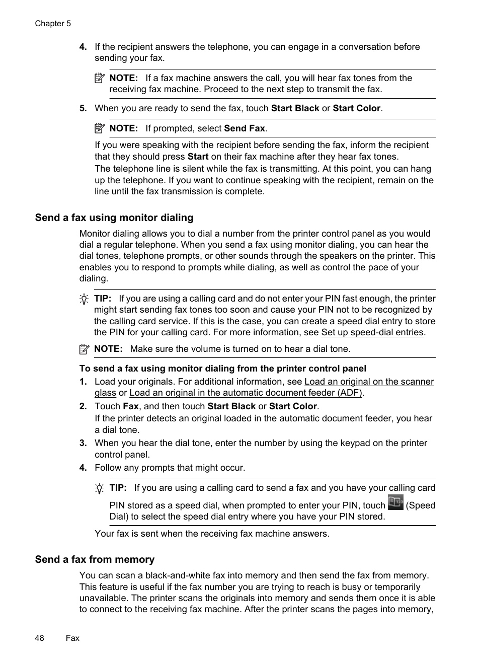 Send a fax using monitor dialing, Send a fax from memory | HP 6700 User Manual | Page 52 / 226