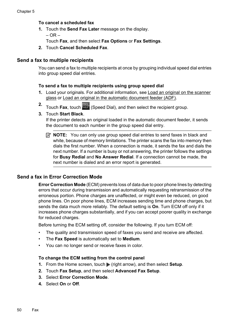 Send a fax to multiple recipients, Send a fax in error correction mode | HP 6700 User Manual | Page 54 / 226