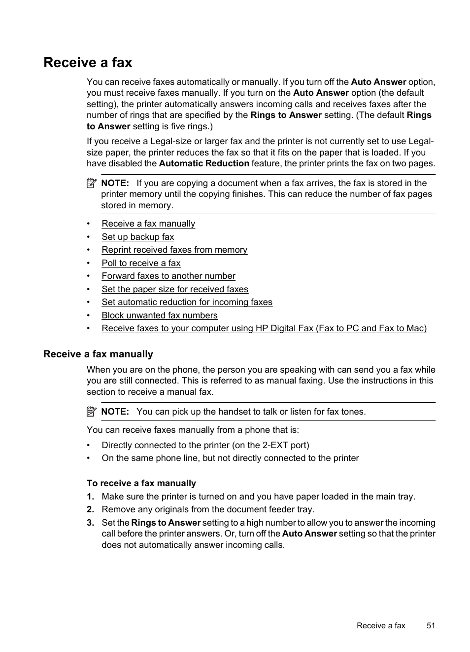 Receive a fax, Receive a fax manually | HP 6700 User Manual | Page 55 / 226