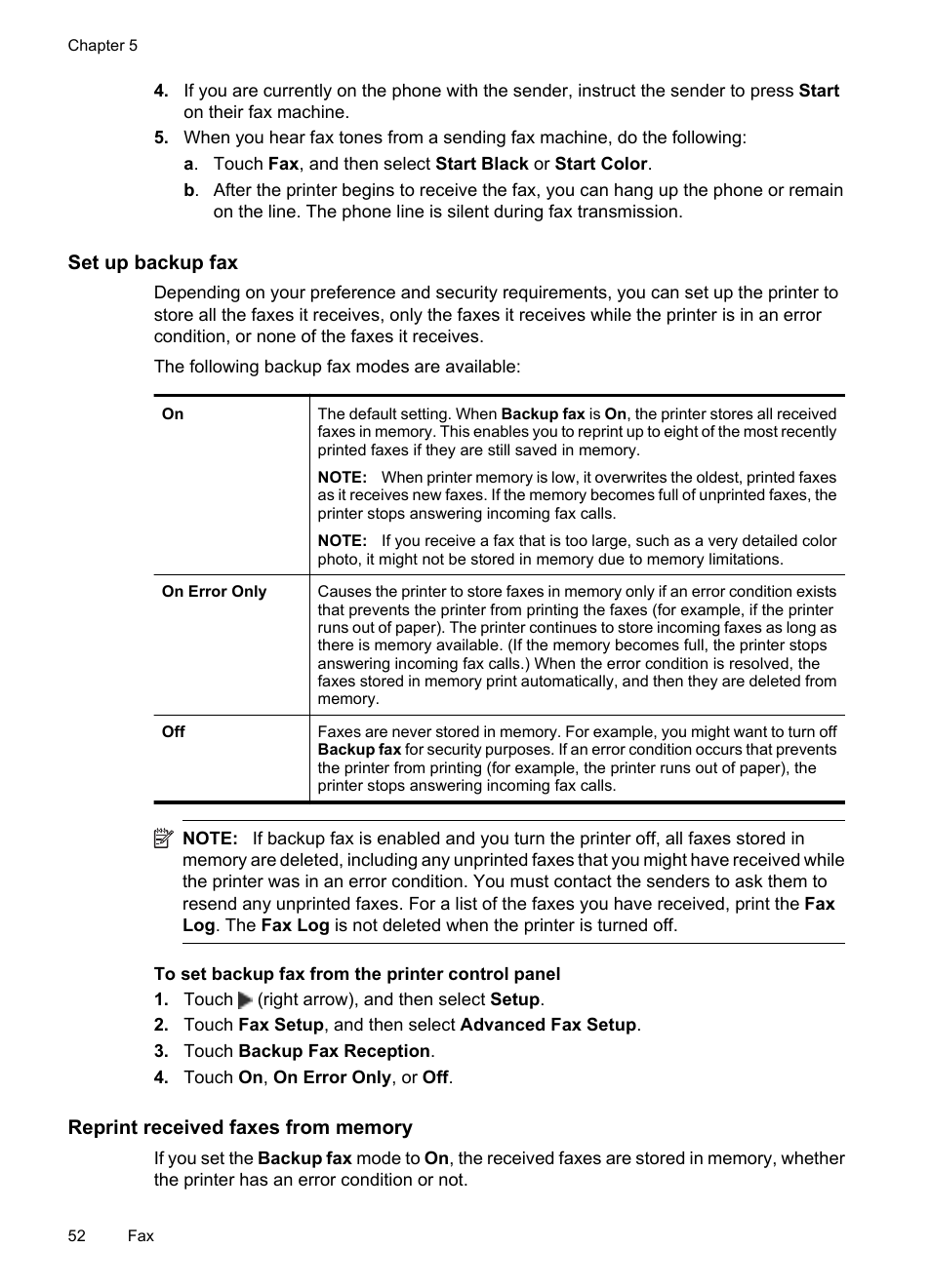 Set up backup fax, Reprint received faxes from memory | HP 6700 User Manual | Page 56 / 226