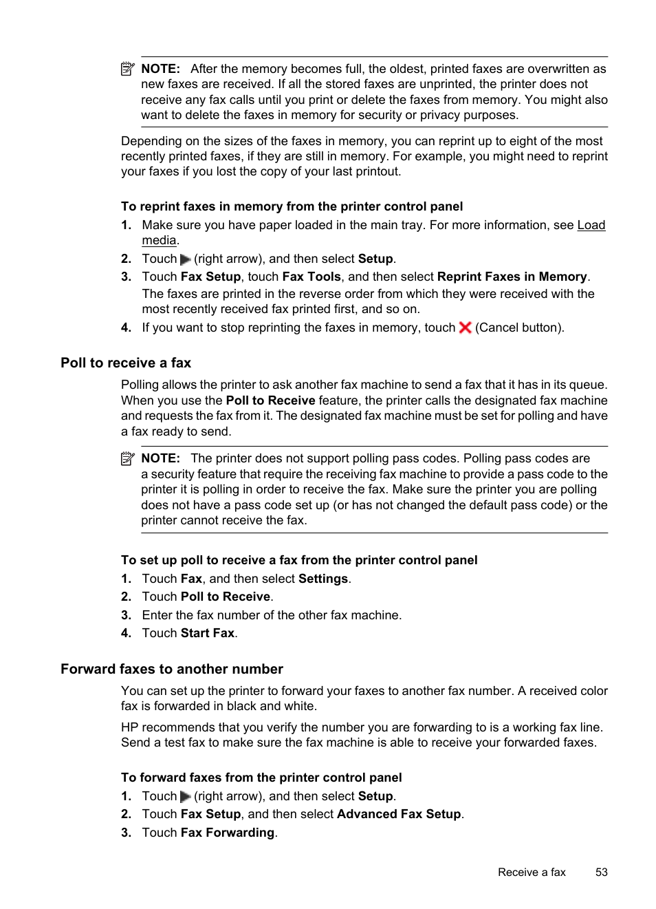 Poll to receive a fax, Forward faxes to another number | HP 6700 User Manual | Page 57 / 226