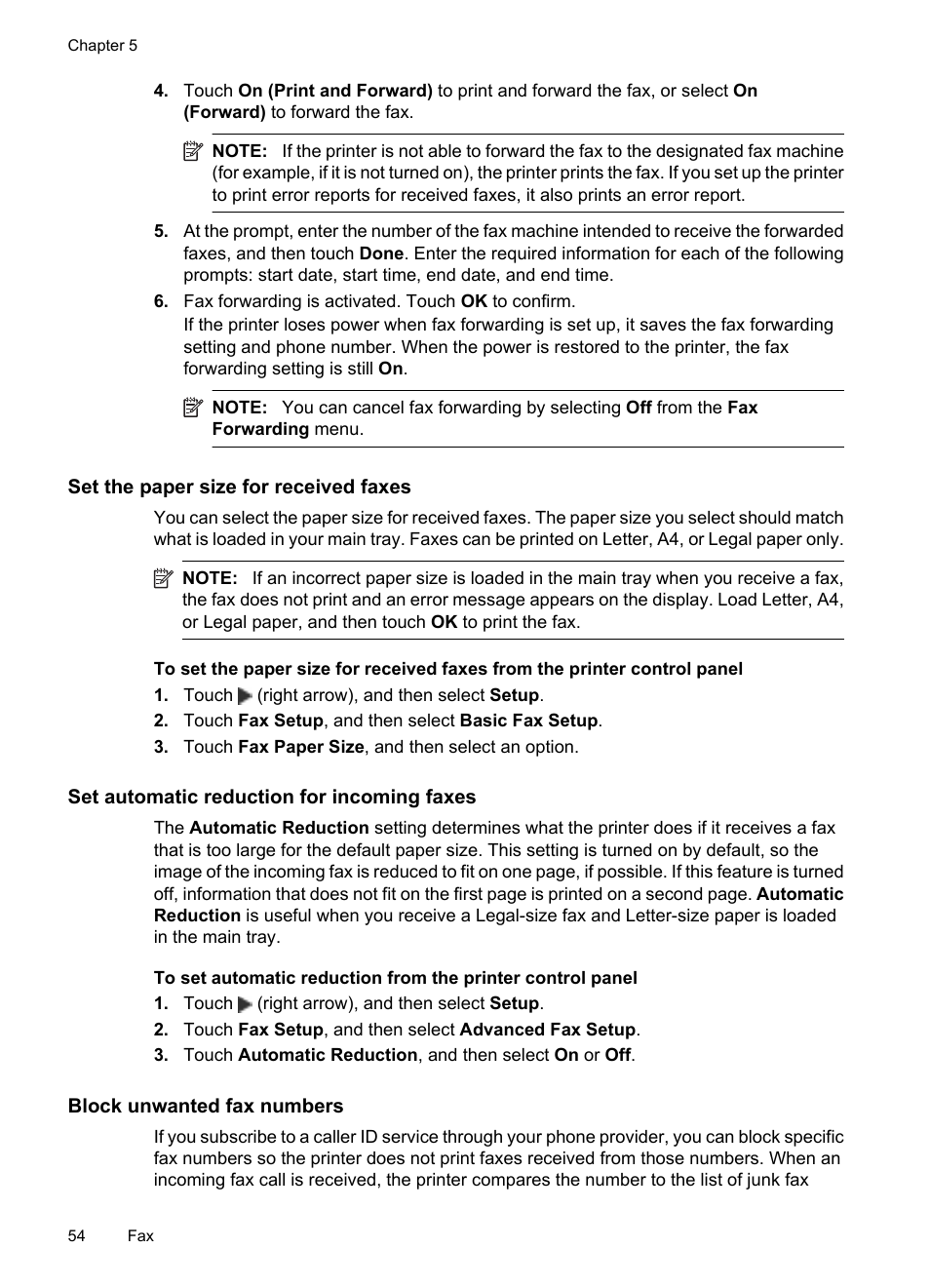 Set the paper size for received faxes, Set automatic reduction for incoming faxes, Block unwanted fax numbers | HP 6700 User Manual | Page 58 / 226