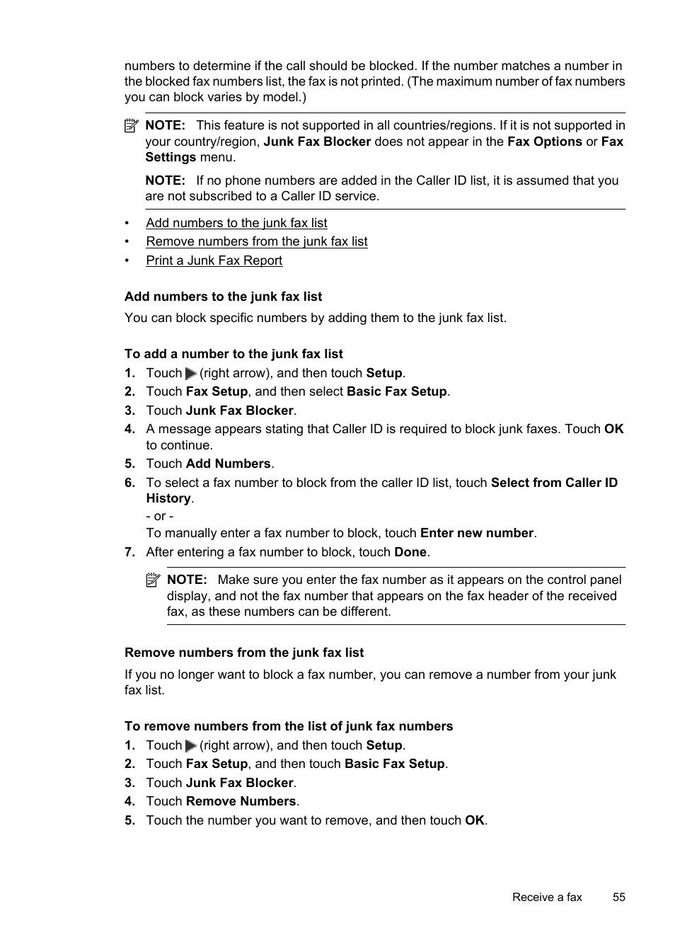 Add numbers to the junk fax list, Remove numbers from the junk fax list | HP 6700 User Manual | Page 59 / 226