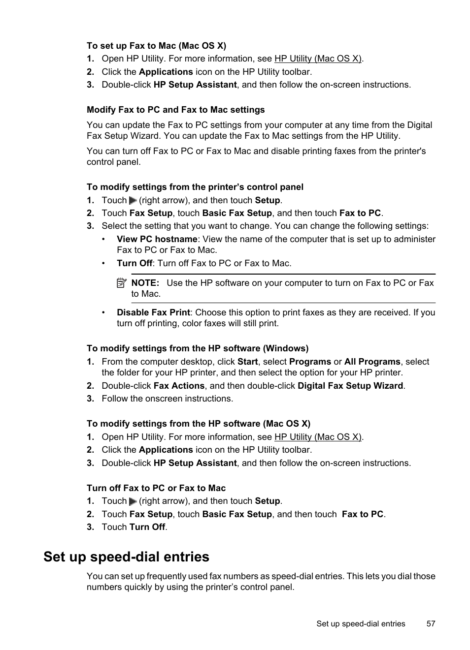 Modify fax to pc and fax to mac settings, Set up speed-dial entries, E set up speed-dial entries | HP 6700 User Manual | Page 61 / 226